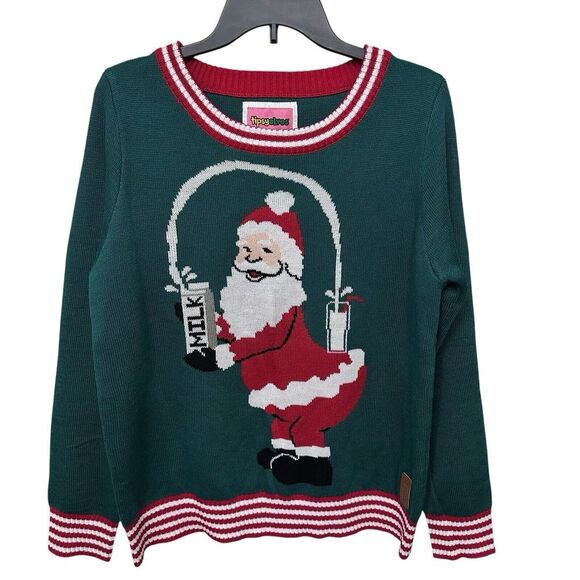 Tipsy Elves Ugly Christmas Sweater Santa Pouring‎ Milk Size Large Green Red - Picture 9 of 9